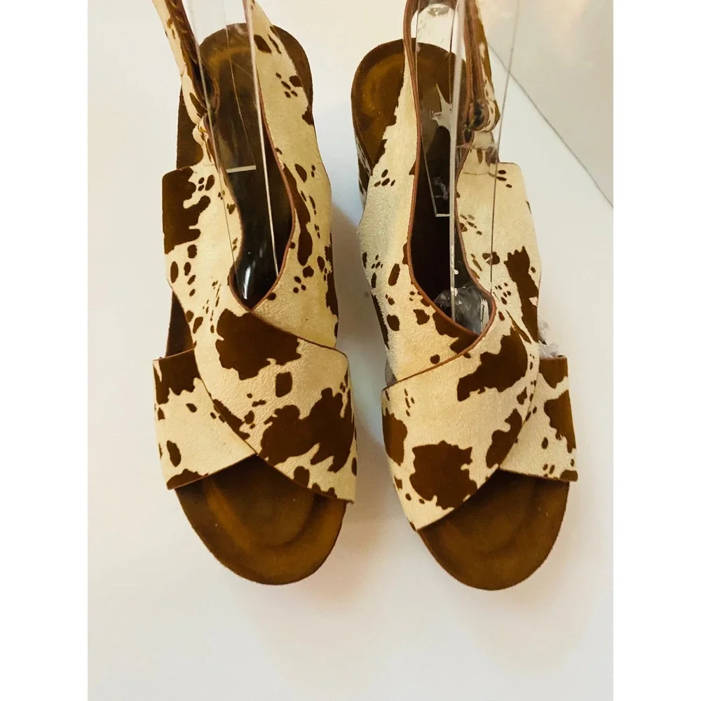 Pierre Dumas Cow Print Platform Wedge Sandals Brown White Slingback 8.5M 751214